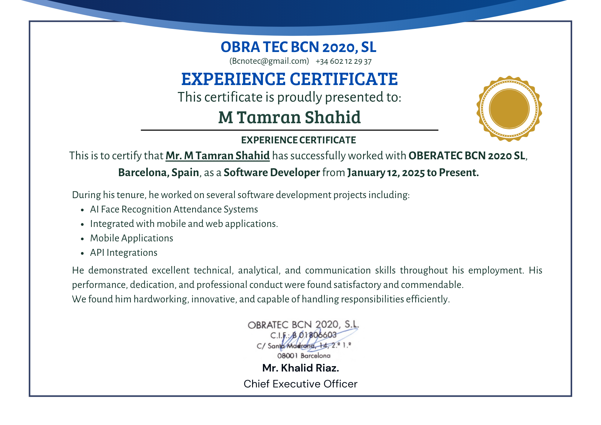 Experience certificate from OBERATEC BCN 2020 SL